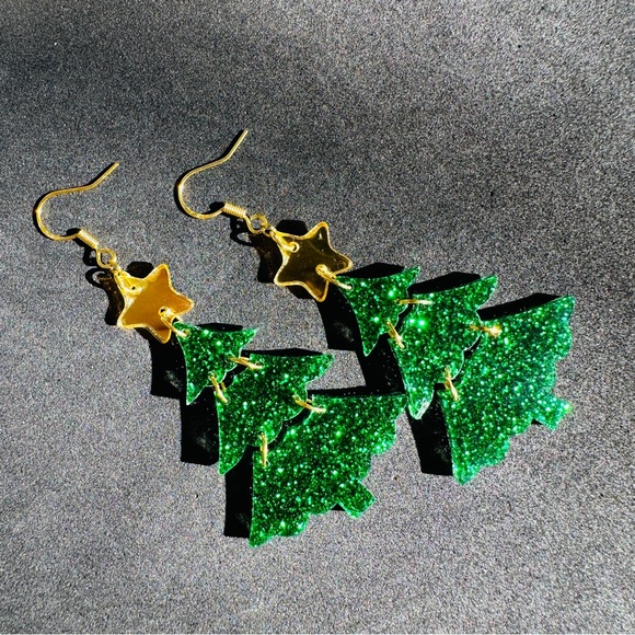 Christmas Tree earrings dangling Gold Star - Picture 2 of 6